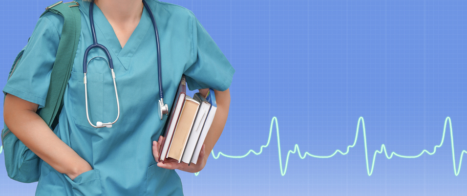Nurse holding a book and sethosope around her neck