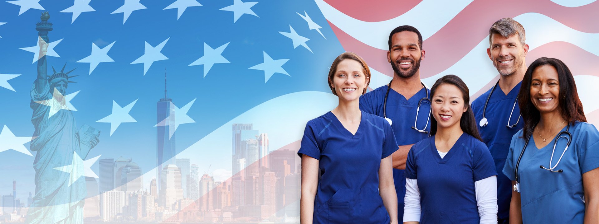 International nurses with an American flag behind them